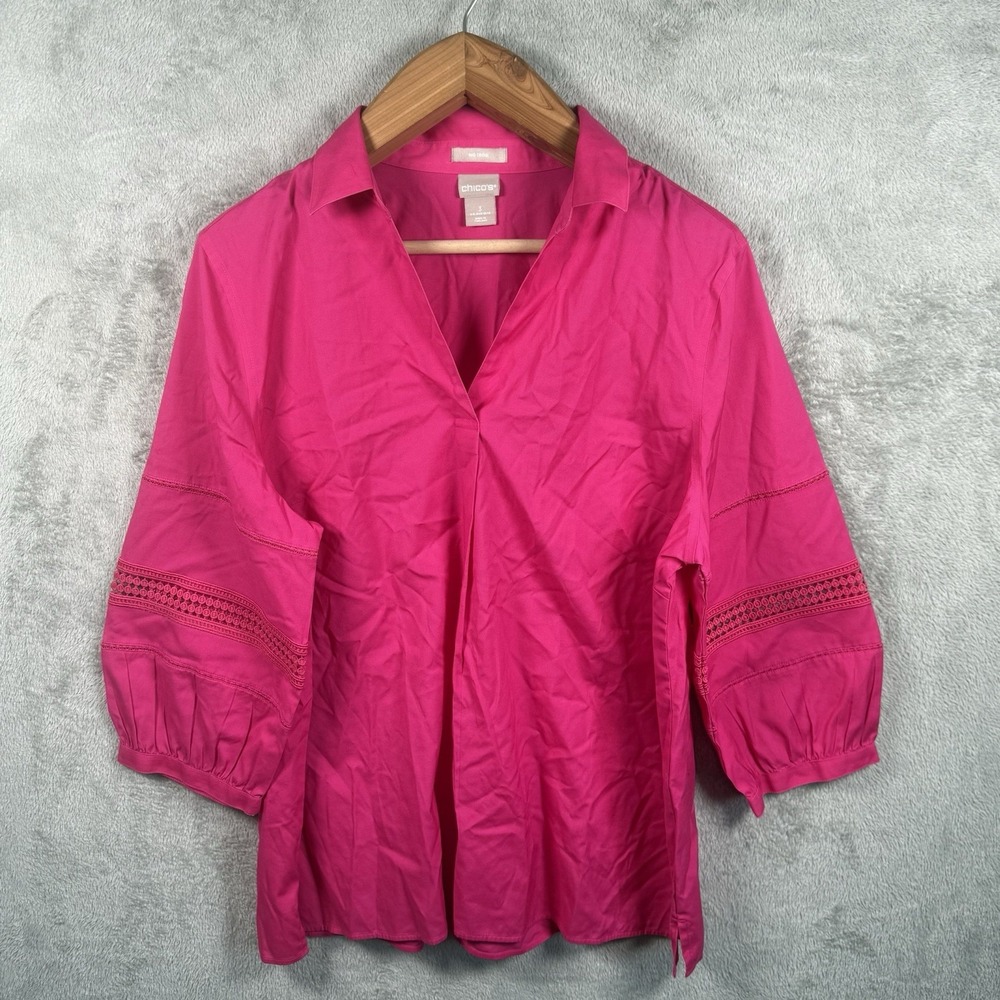 Chicos Womens Blouse XL 16 Pink Embroidered 3/4 Sleeve Button Front Boho Top